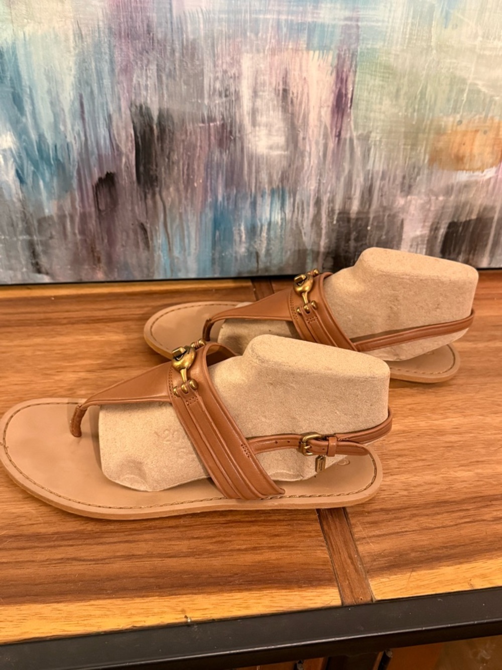 Coach Women’s Candace Tan Leather T-Strap Sandals with Gold Accent - Picture 6 of 9